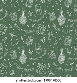 Vintage home pantry, kitchen, vegan food supplies seamless pattern. Preserves, glass jar, canned jam, honey and pickles, old wooden bucket, canvas sack, dried lavender and mushrooms. Vector background