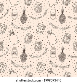 Vintage home pantry, kitchen, vegan food supplies seamless pattern. Preserves, glass jar, canned jam, honey and pickles, old wooden bucket, canvas sack, dried lavender and mushrooms. Vector background