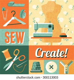 Vintage home sewing do it yourself craft decorative poster with tailor scissors and mannequin abstract vector illustration