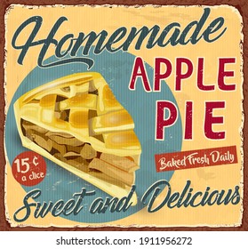 Vintage Homemade Apple Pie metal sign.Slice of pie with apple fillings retro poster 1950s style.