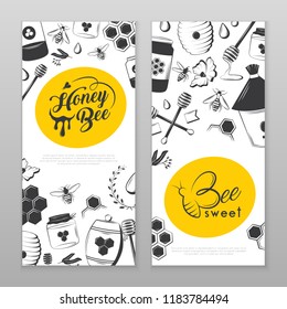 Vintage honey banners for your company. Retro vector including honey, bee, honeycomb, jars, flower, etc.