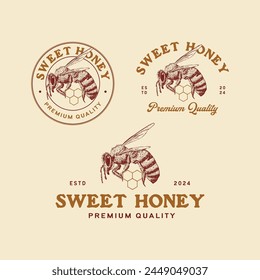 Vintage honey bee logo design with hand drawn style for honey product or honey farm.