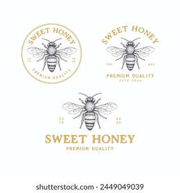 Vintage honey bee logo design with hand drawn style for honey product or honey farm.