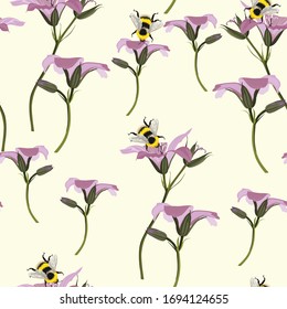 Vintage honey bee, with wild flowers. Seamless pattern backdrop. Trendy art colorful on light cream color background.