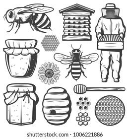 Vintage honey elements collection with bee beehive dipper stick flower honeycombs beekeeper pot jar isolated vector illustration