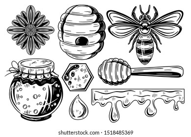 Vintage honey elements collection. Design element for poster, card, banner. Vector illustration.