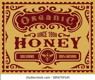 A vintage honey label for a package, all elements are in separate groups and editable