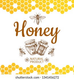 Logotipo de miel de cosecha vintage y fondo con abeja vectorial, tarros de miel y peines de miel