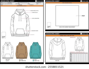 VINTAGE HOODIE KANGAROO POCKET EASY EDITABLE EMPTY TECH PACK MEASUREMENT LAYOUT TEMPLATE DESIGN