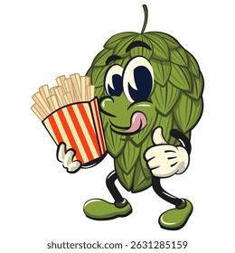 vintage hops vektor illustration mascot character brought a box of french fries, work of hand drawn