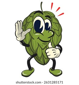 vintage hops vektor illustration mascot character wave hand and give a thumbs up sign, work of hand drawn