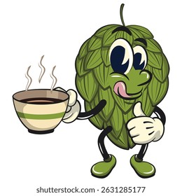 vintage hops vektor illustration mascot character with a cup while giving a thumbs up, work of hand drawn