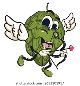 vintage hops vektor illustration mascot character become a cupid with angel wings and the arrow of love, work of hand drawn