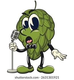 vintage hops vektor illustration mascot character on front of the mic become a stand up comedian, work of hand drawn