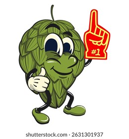 vintage hops vektor illustration mascot character raise foam finger, work of hand drawn