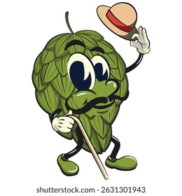 vintage hops vektor illustration mascot character carrying a stick and saluting with raised hat, work of hand drawn