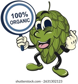 vintage hops vektor illustration mascot character showing a 100% organic sign, work of hand drawn