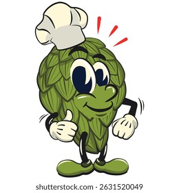 vintage hops vektor illustration mascot character as chef give thumbs up, work of hand drawn