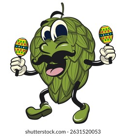 vintage hops vektor illustration mascot character with moustache playing maracas, work of hand drawn