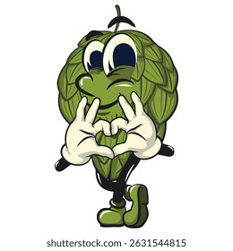 vintage hops vektor illustration mascot character is giving a sign of love with finger, work of hand drawn