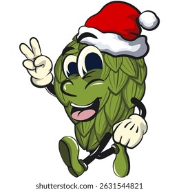 vintage hops vektor illustration mascot character wearing a Santa Claus hat while giving a two-finger peace sign, work of hand drawn