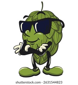 vintage hops vektor illustration mascot character wearing sunglasses folding his arms calmly, work of hand drawn