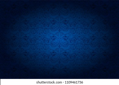 vintage horizontal background in dark blue ultramarine, with classic Baroque pattern, Rococo with darkened edges