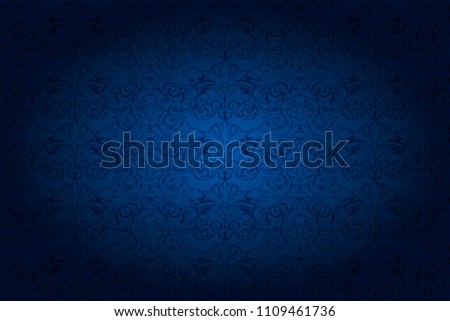 vintage horizontal background in dark blue ultramarine, with classic Baroque pattern, Rococo with darkened edges