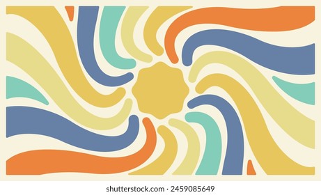 Vintage horizontal background with vibrant sunburst reminiscent of the 60s and 70s era. Stylish and colorful graphic print. Vector illustration.