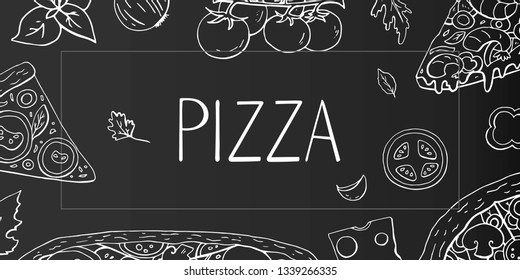 Vintage horizontal banner with italian pizza on black background. Hand drawn pizza elements for cafe menu