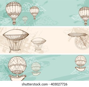 Vintage horizontal banners with air balloons flying in the sky. Hand drawn vector illustration.