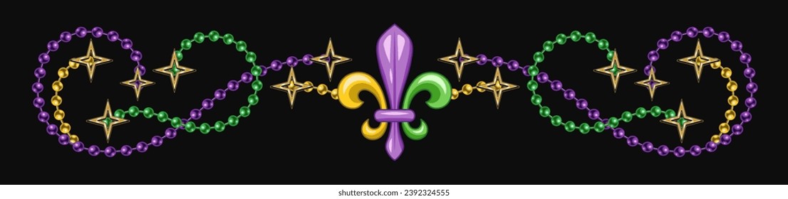 Borde horizontal vintage hecho de cuerdas de cuentas, estrellas doradas, signo Fleur de Lis. Elemento de diseño para la decoración del Mardi Gras.