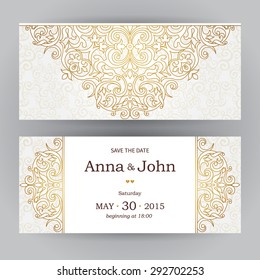 Vintage horizontal cards in oriental style. Eastern floral decor. Template frame for birthday and greeting card, wedding invitation. Vector golden border with place for text. Easy to use, layered.