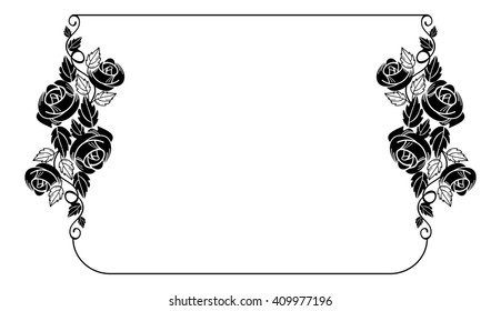 Vintage horizontal floral frame with roses silhouette. Black and white vector design element for advertisements, flyer, web, wedding, invitations and greeting cards.