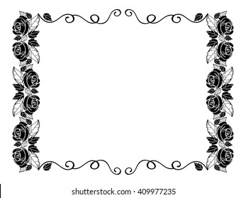 Vintage horizontal floral frame with roses silhouette. Black and white vector design element for advertisements, flyer, web, wedding, invitations and greeting cards.