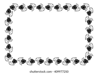 Vintage horizontal floral frame with roses silhouette. Black and white vector design element for advertisements, flyer, web, wedding, invitations and greeting cards.