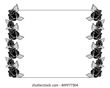 Vintage horizontal floral frame with roses silhouette. Black and white vector design element for advertisements, flyer, web, wedding, invitations and greeting cards.