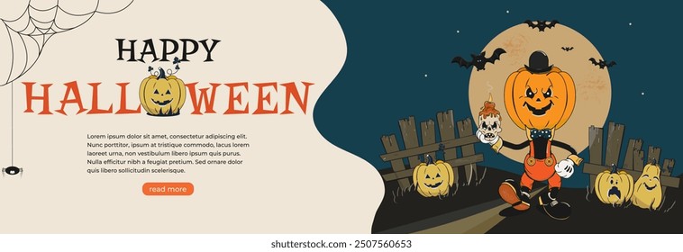 Vintage horizontal Halloween banner with festive traditional characters: pumpkins, jack lantern, fence, bats, full moon, skull, candle. Vector illustration