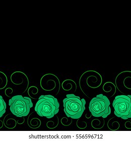 Vintage horizontal pattern with indian batik style rose flowers. Floral vector background with copy space (place for your text). Seamless pattern with green roses.
