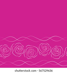 Vintage horizontal pattern with indian batik style rose flowers. Floral vector background with copy space (place for your text). Seamless pattern with magenta and neutral roses silhouette.