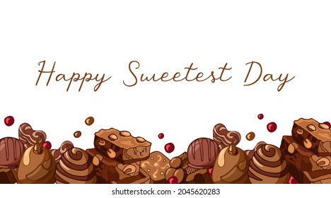 Vintage horizontal white banner border with pieces of milk chocolate, nuts, chocolates illustration. Happy Sweetest Day. Vector background design. Template for cards, banners, packaging, menu.