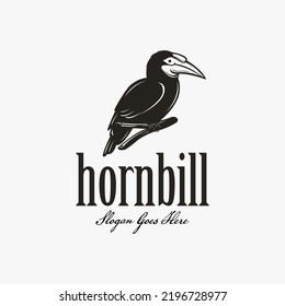 Vintage Hornbill logo design, hornbill on branch logo vector