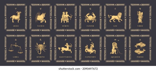 Vintage horoscope cards in engraving style  Zodiac symbols in frame  hand drawn illustrations set astrological signs in vector  