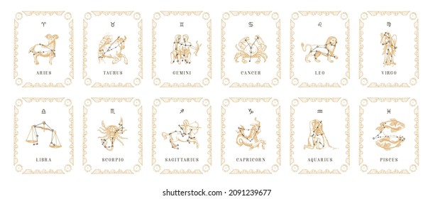 Vintage-Horoskop-Karten im Gravierstil. Zodiac-Symbole, handgezeichnete Illustrationen Satz astrologischer Zeichen in Vektorgrafik. 