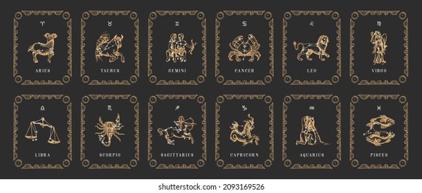 Vintage-Horoskop-Karten im Gravierstil. Zodiac-Symbole, handgezeichnete Illustrationen Satz astrologischer Zeichen in Vektorgrafik. 