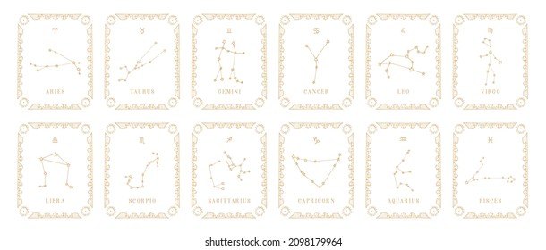 Vintage horoscope cards in engraving style. Zodiac symbols, hand drawn illustrations set of constellations in vector.