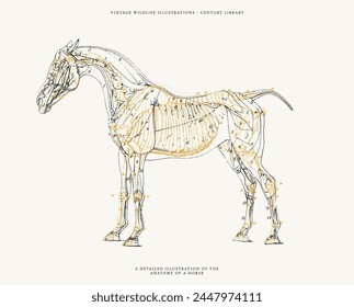 Ilustración de la anatomía del caballo de Antiguas que muestra músculos y esqueleto