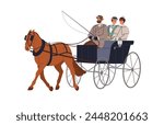 Vintage horse carriage. Coachman and ladies in 19th century chariot, old historic victorian transport. 18th cart cab, stallion and coach. Flat vector illustration isolated on white background