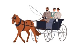 Vintage Horse Carriage. Coachman And Ladies In 19th Century Chariot, Old Historic Victorian Transport. 18th Cart Cab, Stallion And Coach. Flat Vector Illustration Isolated On White Background