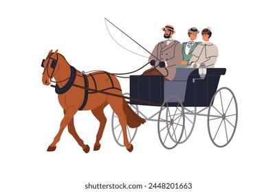 Vintage horse carriage. Coachman and ladies in 19th century chariot, old historic victorian transport. 18th cart cab, stallion and coach. Flat vector illustration isolated on white background